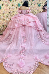 Ball Gown Off Shoulder Ruched Pleated 3D Flowers Appliques Glitter Pink Tulle Quinceanera Dress Princess Birthday Party Dress For Sweet 16